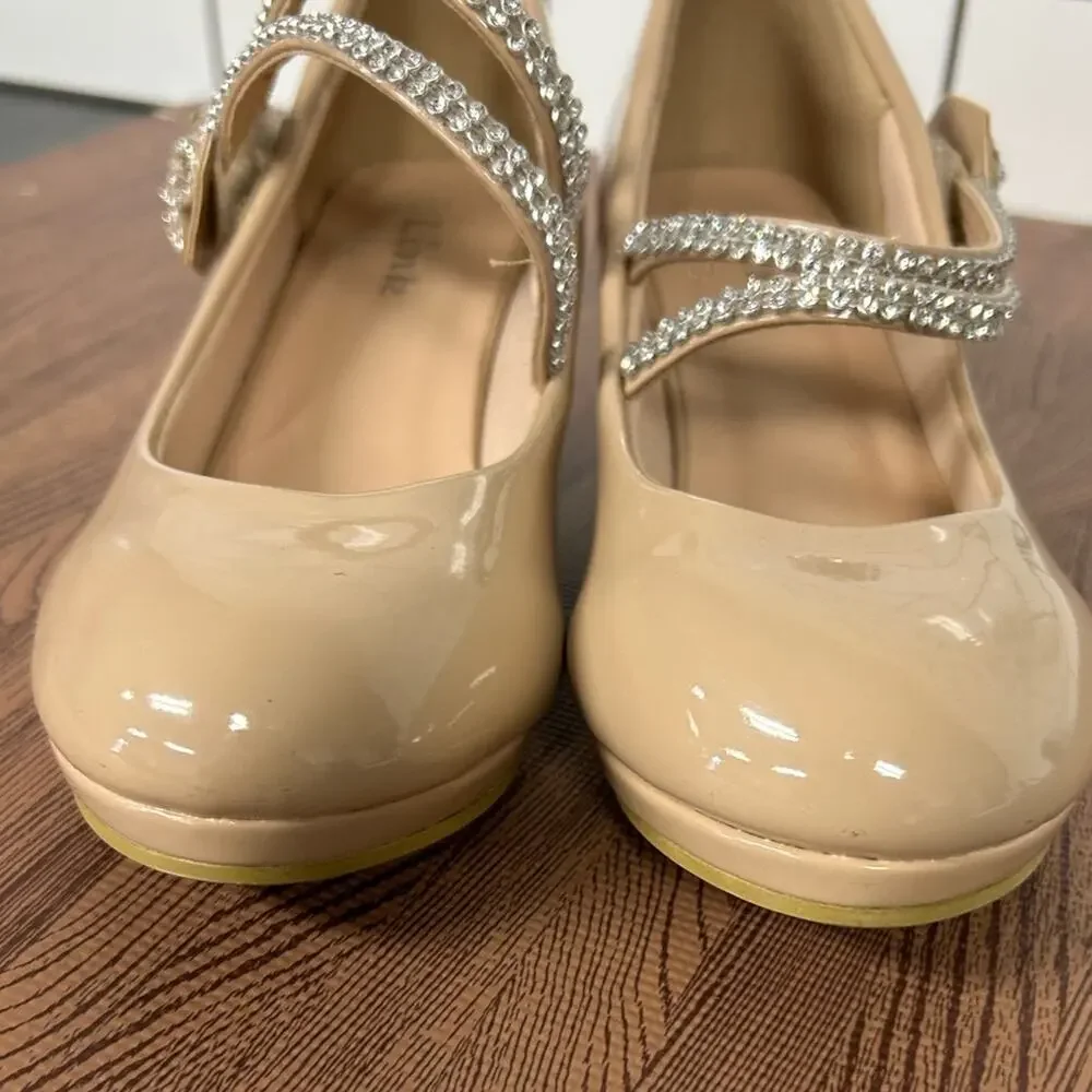 Link Girls Size 3 Nude Patent Mary Jane Heels Rhinestone Strap Dress Shoes